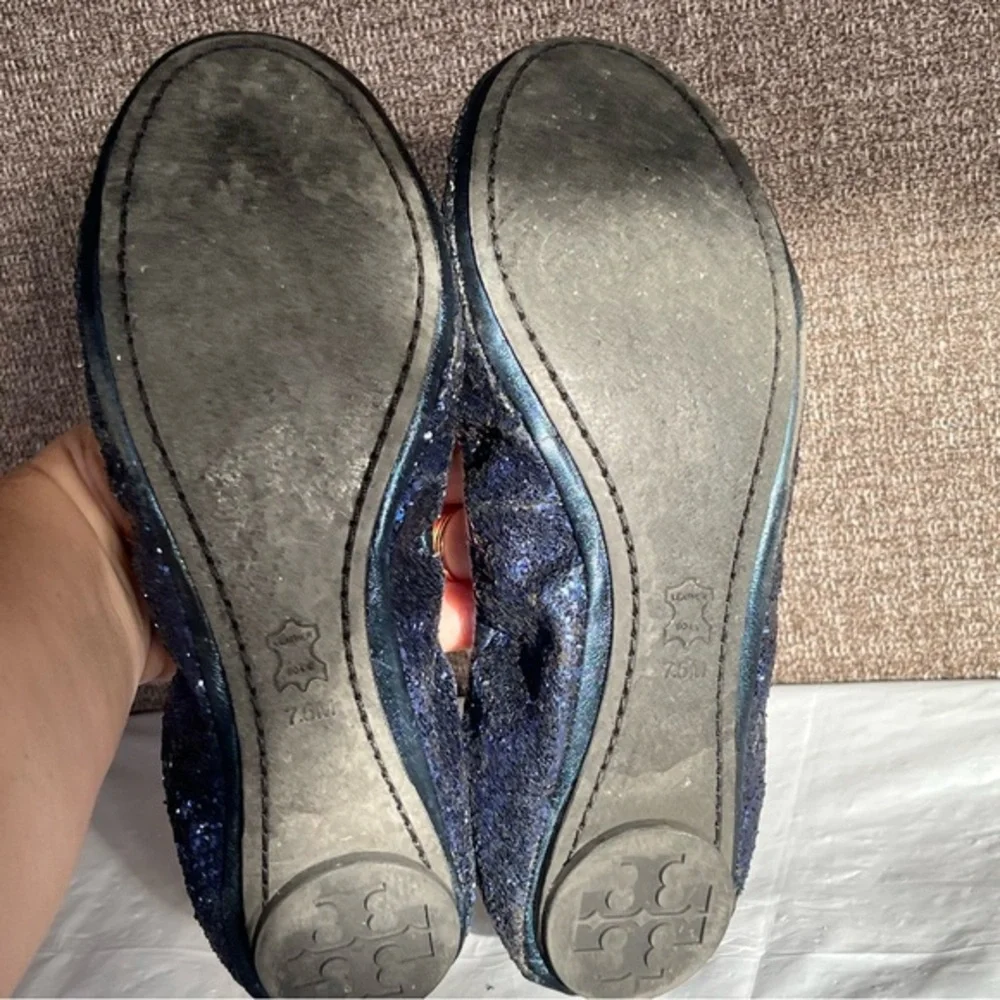 Tory Burch‎ Blue Sparkle Ballet Flats Womens Size 7.5 Leather Sole Slip On Logo